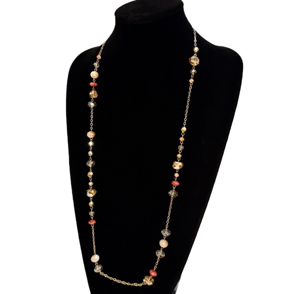 LOFT Long Beaded Station Necklace Amber Warm Tones NWT - Picture 6 of 9